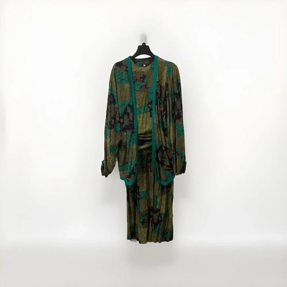 Vintage Bonnie Boynton Green Purple 3Piece Skirt Suit Floral Print Tunic Tie 80s